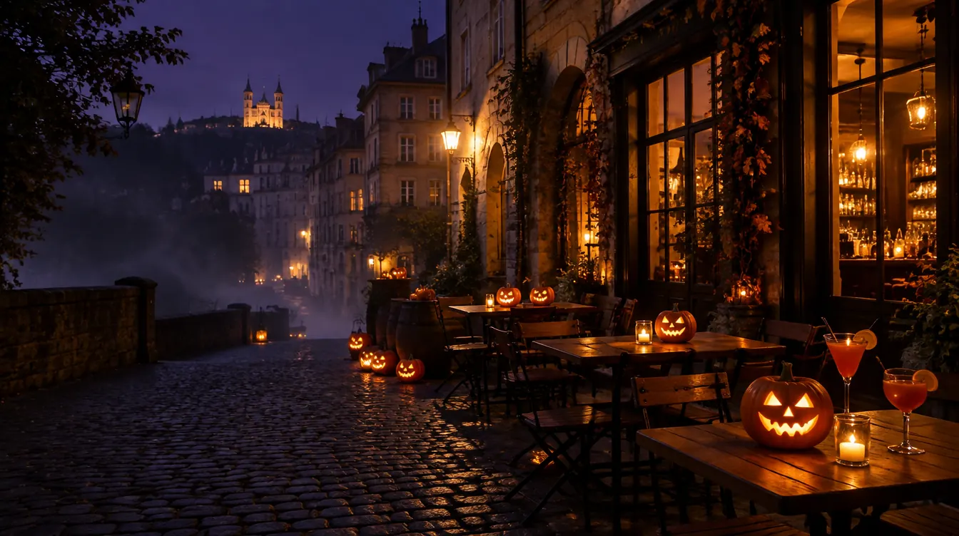 Citrouilles sculptées et bougies sur une terrasse du Vieux-Lyon le soir d'Halloween